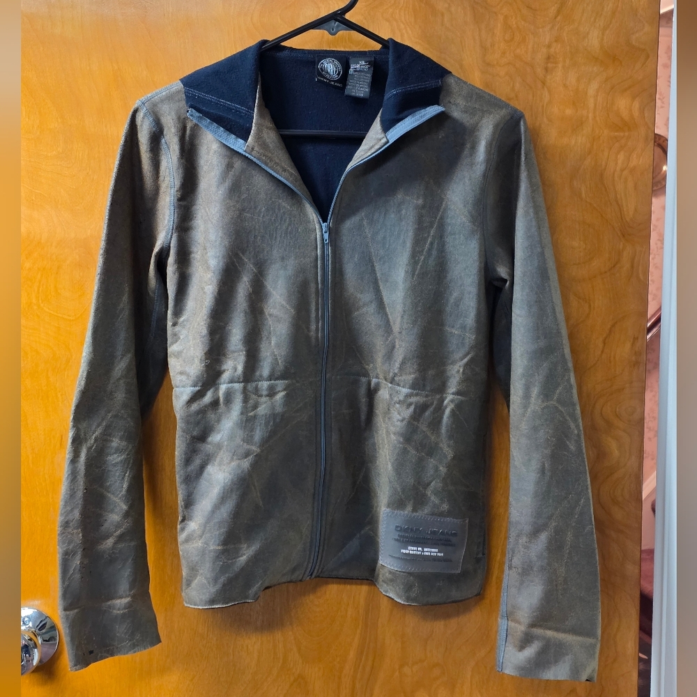 DKNY Jeans Brown Distressed Faux Leather Zip-up Hooded Jacket XS RARE